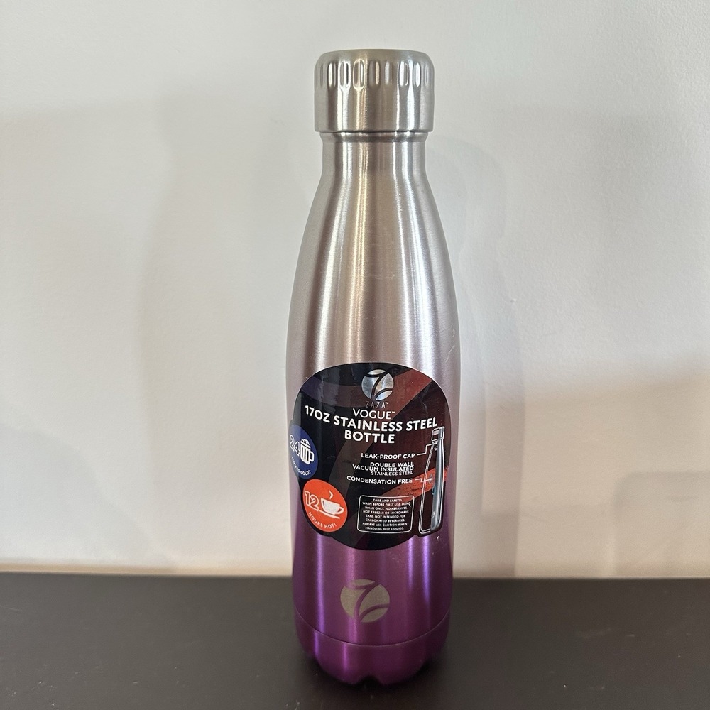 New Zaza Vogue 17 Oz Stainless Steel Water Bottle‎ Purple Silver Ombré Hot Cold